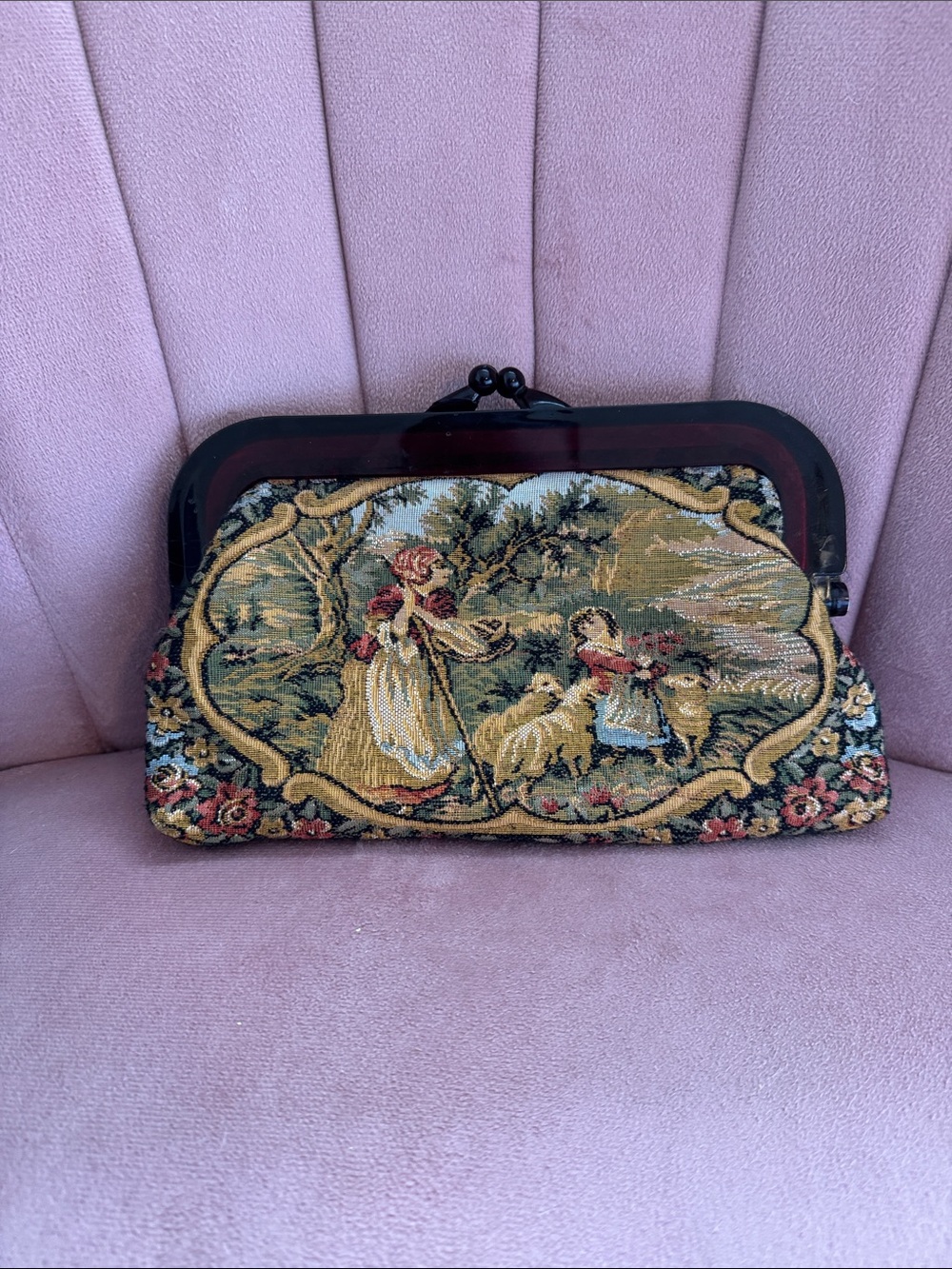 Vintage Tapestry Frame Clutch - Floral Pastel Scene